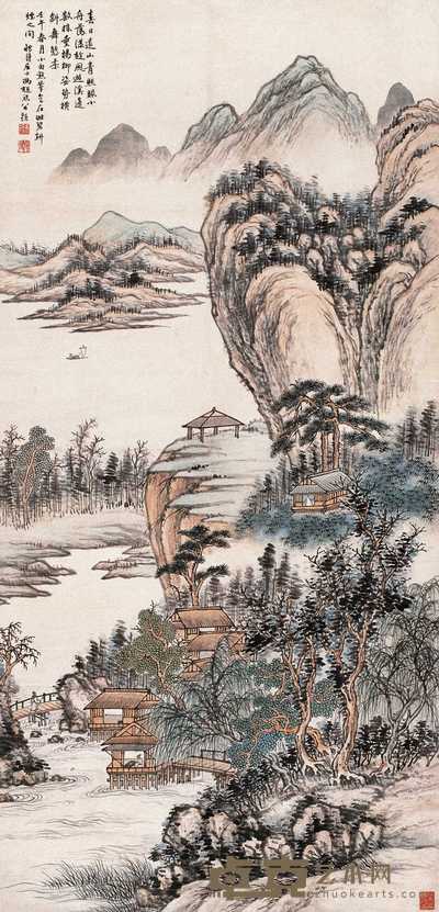 冯超然 壬午（1942年）作 春山柳溪图 轴 134×64cm